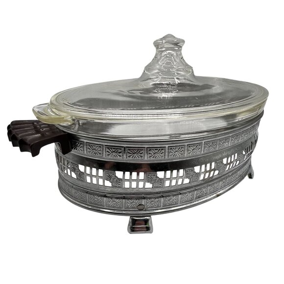 Pyrex 1.5qt Vintage Oval Glass Casserole Dish Etched Silver Plated Footed Holder - Picture 12 of 16
